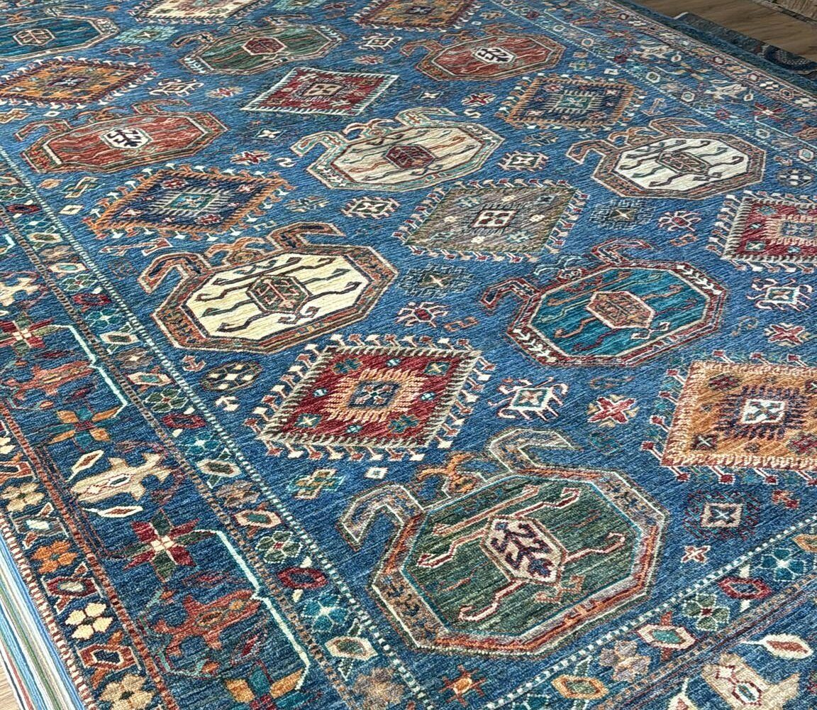 Indigo carpet with geometric medallions
